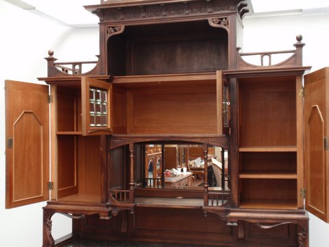 Jugendstil Kredenz, geschnitztes Schrankmöbel - beeindruckendes Wertmöbel 14 Antike Kredenz Jugendstil mit offenen Türen