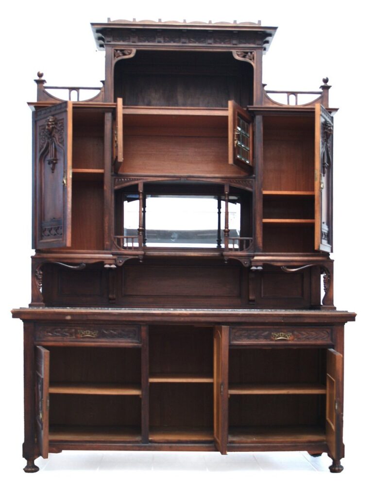 Jugendstil Kredenz, geschnitztes Schrankmöbel - beeindruckendes Wertmöbel 17 Tischlermeister Möbelstück Jugendstil Buffetschrank antik