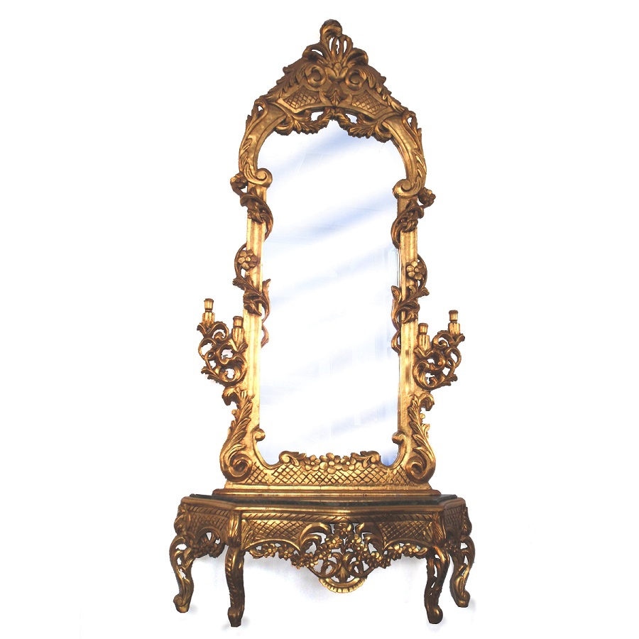 Read more about the article Barockstil Spiegel Konsole geschnitzt grüne Marmorplatte