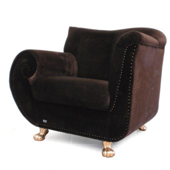 Read more about the article BRETZ GAUDI Stuhl Goldtatzen brauer Mohair-Samtstoff