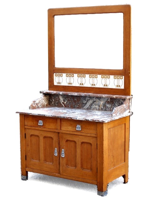 Read more about the article Jugendstil Waschtisch mit V&B Fliesen, rosa Marmorplatte und Spiegel