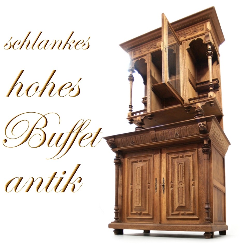 Fotos (c) zeigen: Antikes Buffet Möbel. Klick auf Bild OBEN öffnet neues Fenster zu unserer Facebook Ankündigungstafel wo Neuankömmlinge vorgestellt werden. Antikes BUFFET geschnitzt Schrank Altdeutsch