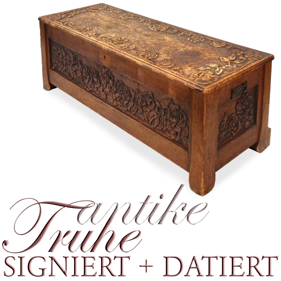 Read more about the article Antike Jugendstil Truhe, signiert, datiert, geschnitzt mit Rosenlaub