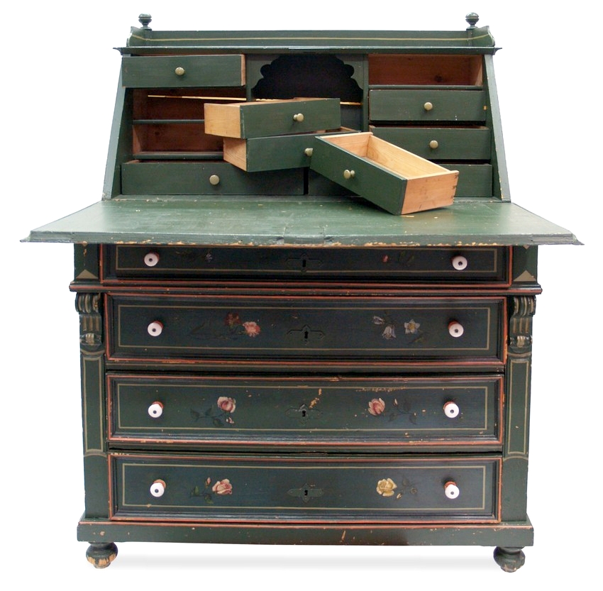 Read more about the article Antike Kommode Bauernmöbel, Sekretär Schreibtisch grün bemalt