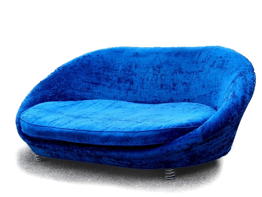 Read more about the article Großes BRETZ Pool Sofa mit blauem Samtstoff