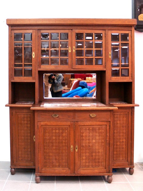 Antiker Jugendstil Schrank Würfelfurnier Gläser Marmor Geschirrschrank Anrichtebuffet Möbel