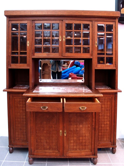 Antiker Jugendstil Schrank Würfelfurnier Gläser Marmor Geschirrschrank Anrichtebuffet Möbel