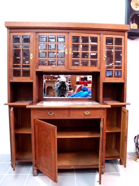 Antiker Jugendstil Schrank Würfelfurnier Gläser Marmor Geschirrschrank Anrichtebuffet Möbel