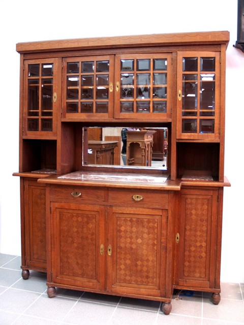 Antiker Jugendstil Schrank Würfelfurnier Gläser Marmor Geschirrschrank Anrichtebuffet Möbel