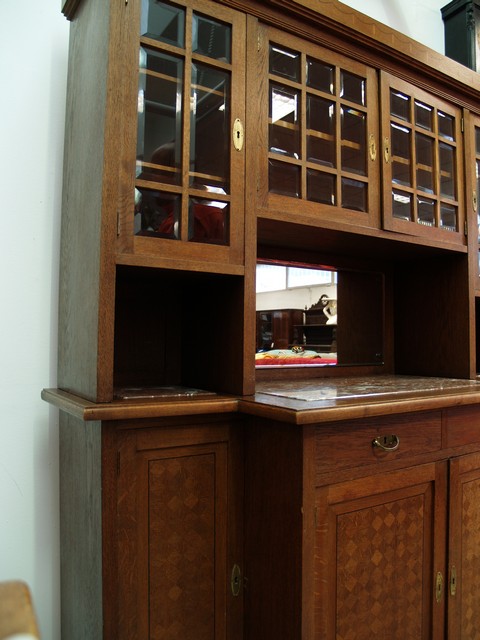 Antiker Jugendstil Schrank Würfelfurnier Gläser Marmor Geschirrschrank Anrichtebuffet Möbel