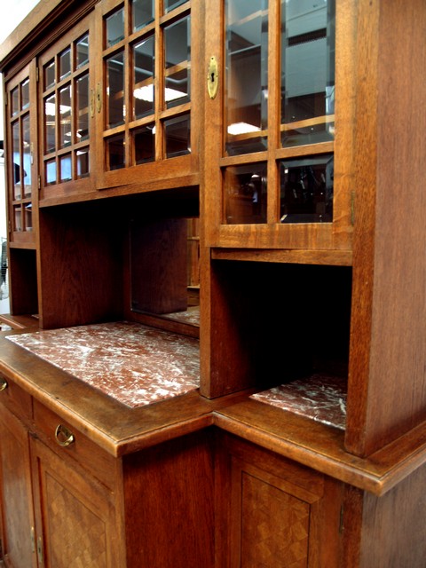 Antiker Jugendstil Schrank Würfelfurnier Gläser Marmor Geschirrschrank Anrichtebuffet Möbel