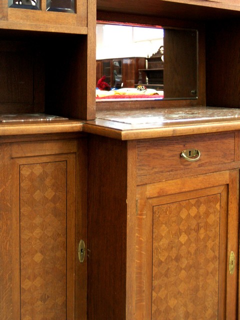 Antiker Jugendstil Schrank Würfelfurnier Gläser Marmor Geschirrschrank Anrichtebuffet Möbel