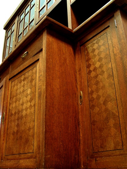 Antiker Jugendstil Schrank Würfelfurnier Gläser Marmor Geschirrschrank Anrichtebuffet Möbel