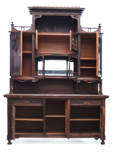 Altdeutsch Kredenz Antiquität Nussholzfurnier Schrank Wohnzimmer Salon Möbel antik Jugendstil Frauenkopf großer MArmor Schrank antik Jugendstil