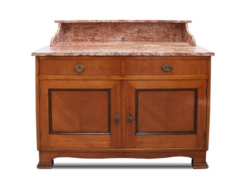 Read more about the article restaurierte antike Kommode Jugendstil mit rosa Marmorplatte