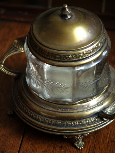 Jugendstil Zuckerdose Glas silber Metalldeckel antik Antiquität Zuckerzange