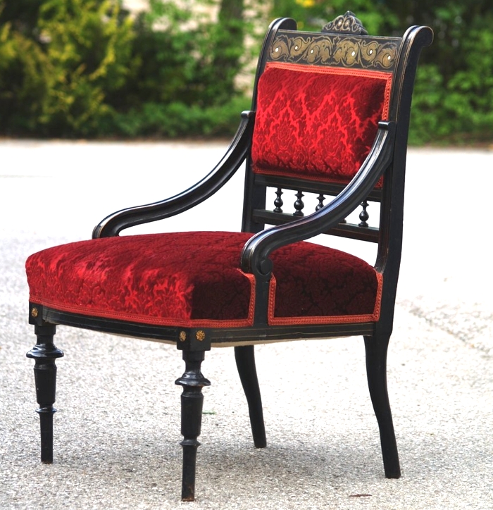 antiker Sessel Stuhl schwarz rot gold messing intarsien 9