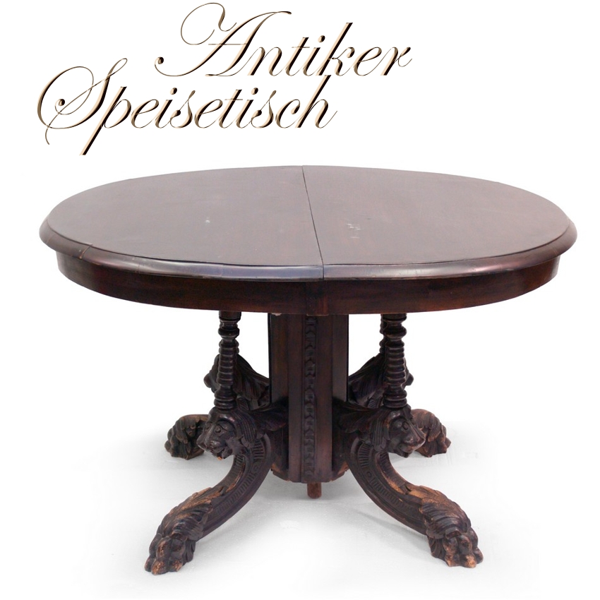 Foto (c) zeigt: Antiker Tisch geschnitzt, Speisetisch um 1900 mit Tierstaffage. Möbel Antiker Tisch geschnitzter Speisetisch 1880 Barock Tierstaffage Löwen Antiquität