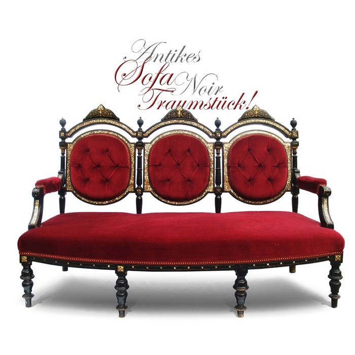 Fotos (c): Antikes Sofa, Frühviktorianisches Kanapee um 1840-1900, gepolstert, Sofa Bekrönung mit eingelegt Messing Arabesken. Auf jeden Fall ein wunderschönes Einzelstück! Antikes Sofa rot schwarz Gustavianisch Medaillon restauriert Intarsien Perlmutt Viktorianisch