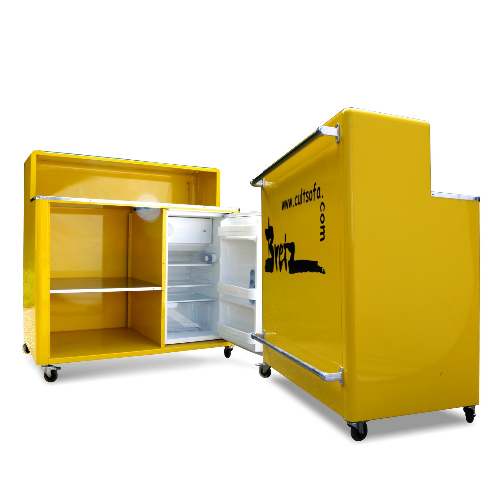 Bretz Designklassiker Metallmöbel Schrank kommode silber gelb Fat Boys Bar Außenküche Minibar Raumteiler Popart