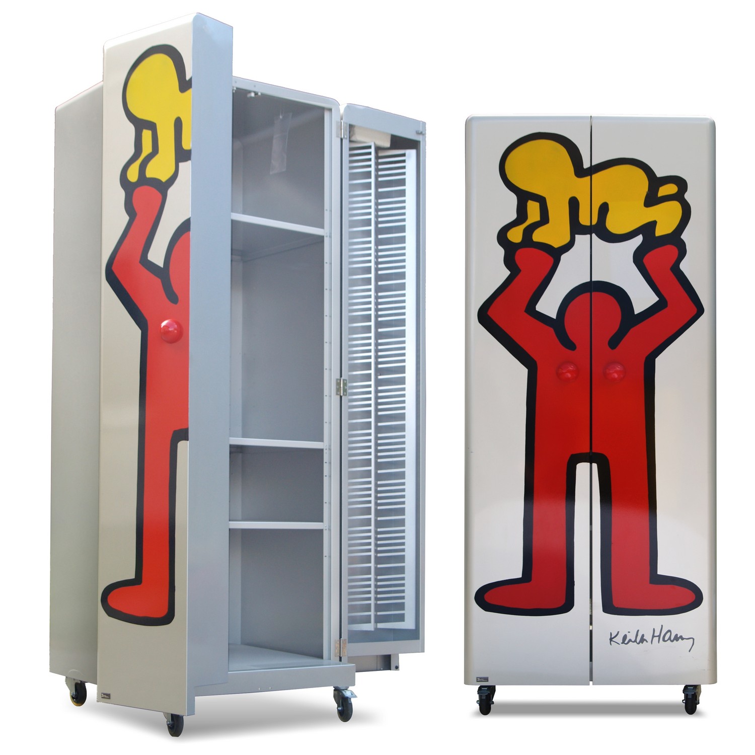 Bretz Metallmöbel, Keith Haring Schrank, Designklassiker Bretz Designklassiker Metallmöbel Schrank kommode silber gelb Fat Boys Keith Haring Lizenz