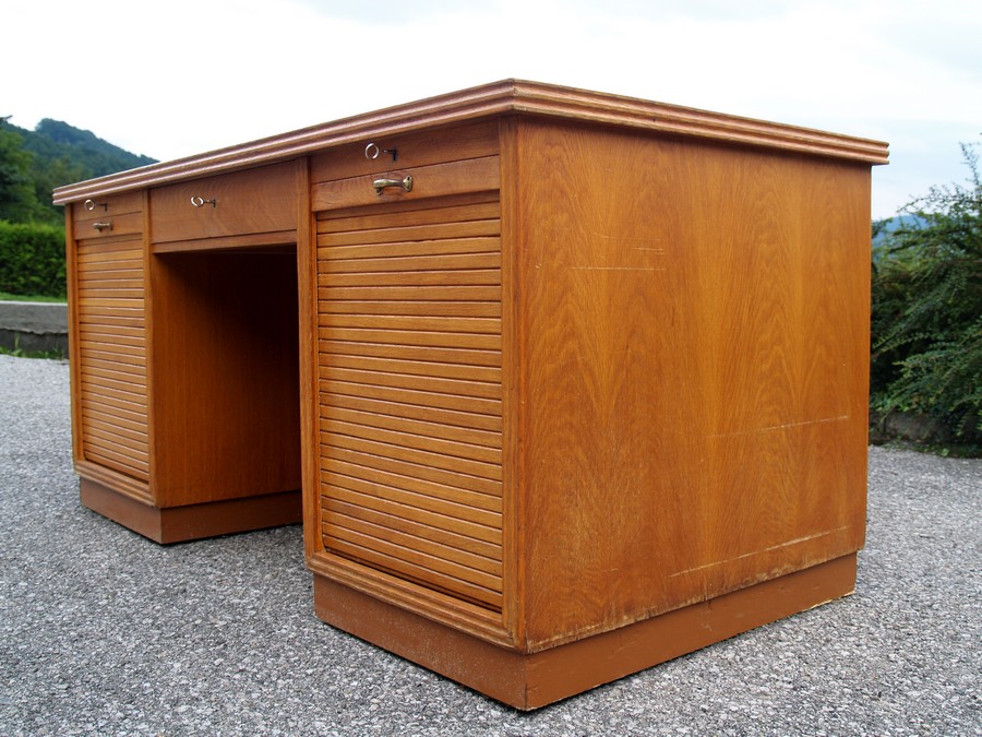 Schreibtisch antik restauriert massivholz Herrenzimmer Möbel Antiquität beschnitzt Rolladen Vintage Midcentury Industrial