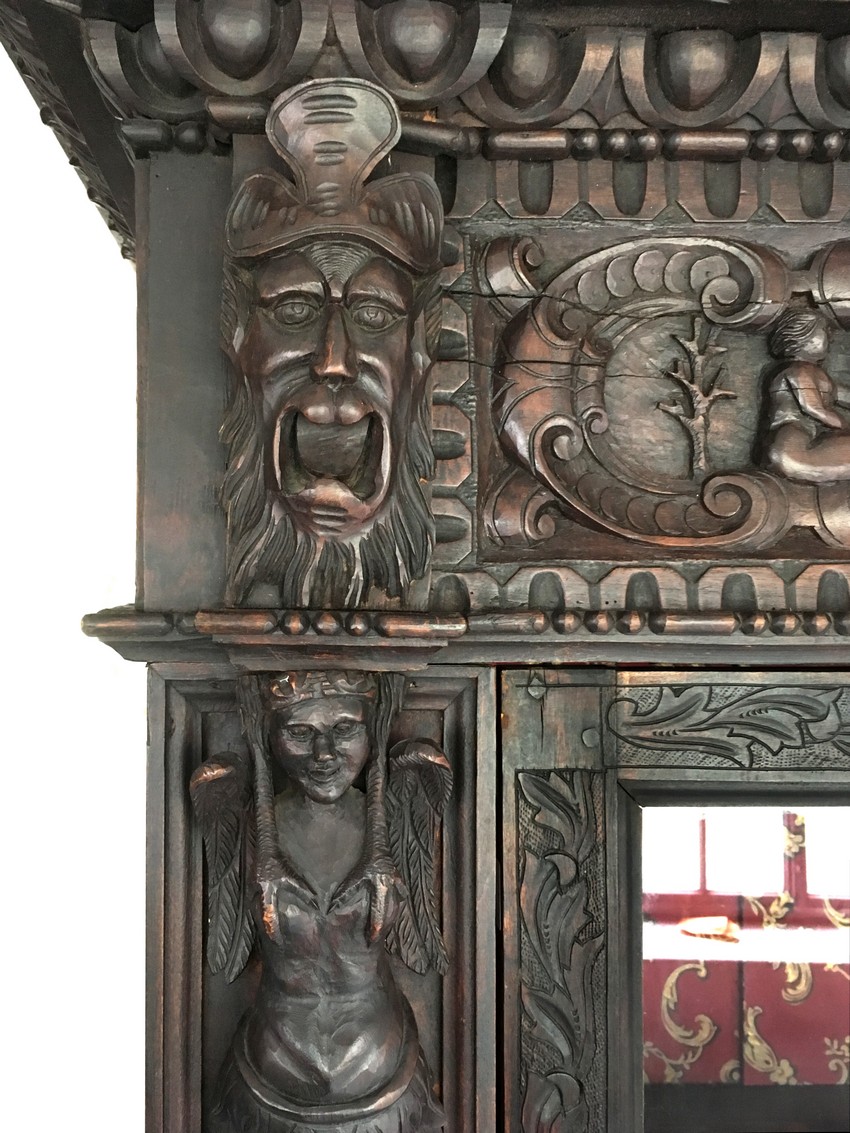 Schrank antik Engel Putten Renaissance Vitrine Bücherschrank Blätter Antiquität Möbel Renaissance Jugendstil Fratzen Satyr Barock