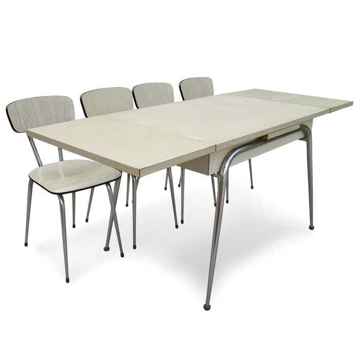 Küchentisch Retro Sessel Stahlrohr creme ausziehbarer Tisch 50er-Jahre 60s Möbel antik