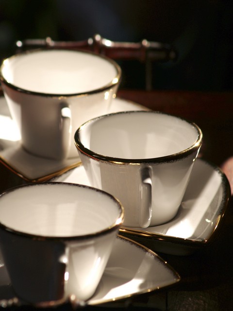 GMUNDNERKERAMIK Platin Stern Kaffeetassen 1 Gmundnerkeramik Stern Gmundner Keramik Platinrand Goldrand weiß creme Geschirr