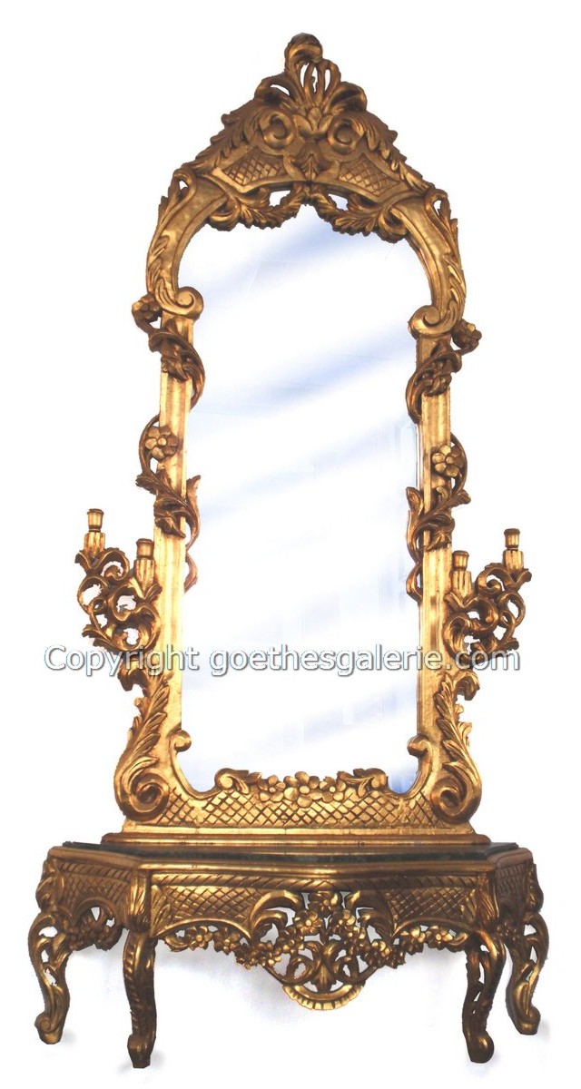 Fotos (c) zeigen: geschnitzte Barockstil Spiegelkonsole golden mit Blattwerk, Ranken, grüner Marmorplatte und Kerzenhalter Barockstil konsole spiegel rahmen spiegelkonsole 220 hoch holz marmor