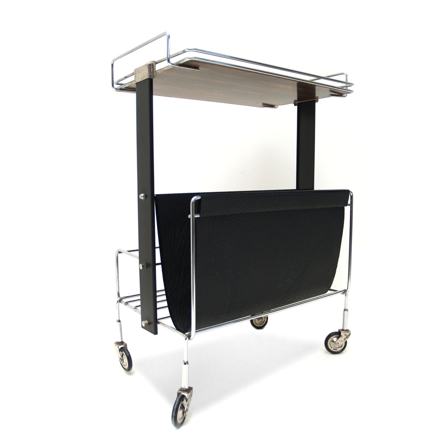 bauhaus Tisch vintage Chrom String Servierwagen antik Leder schwarz