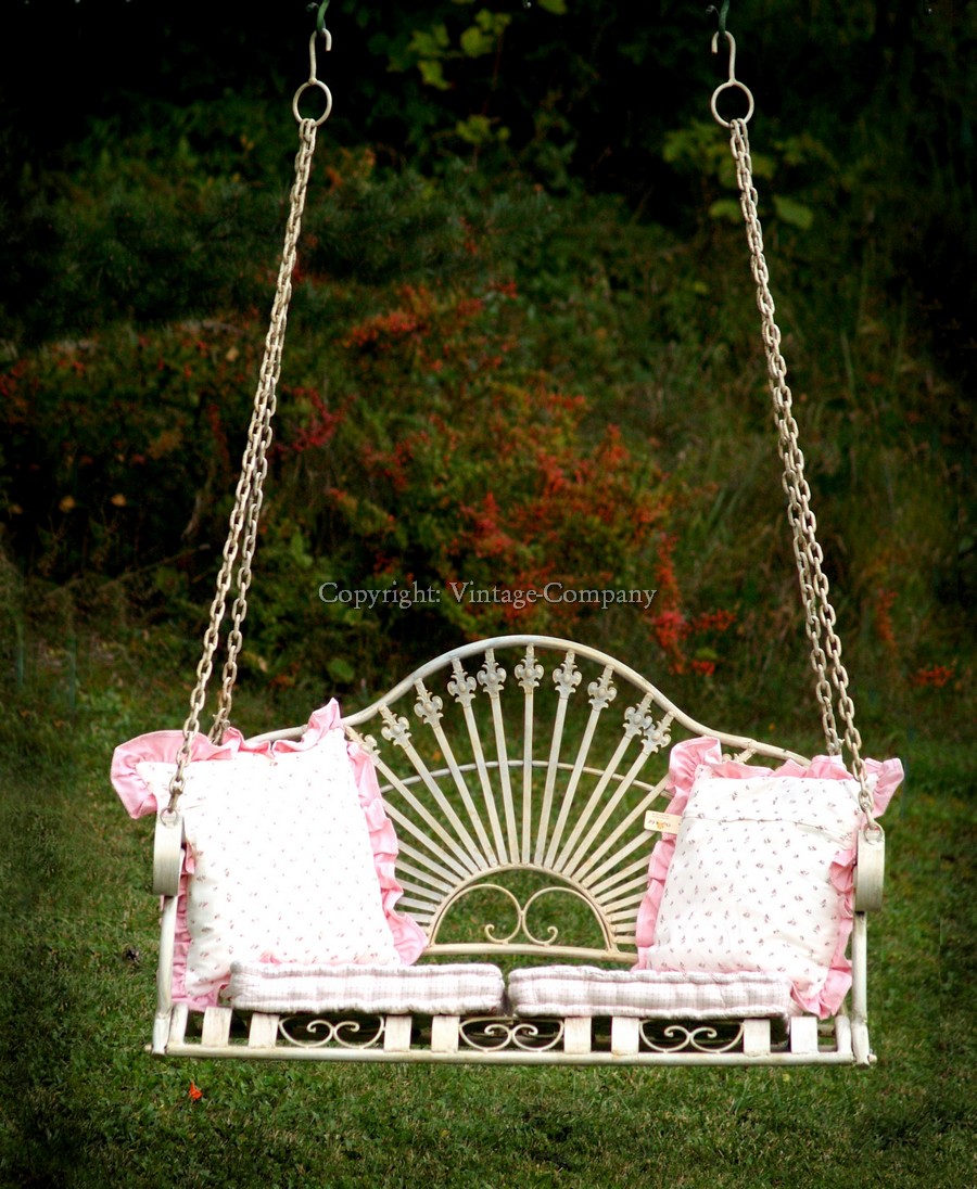 Hollywoodschaukel vintage Sitzbank Schmiedeeisen creme weiß Shabby Chic Balkon Möbel Vintage