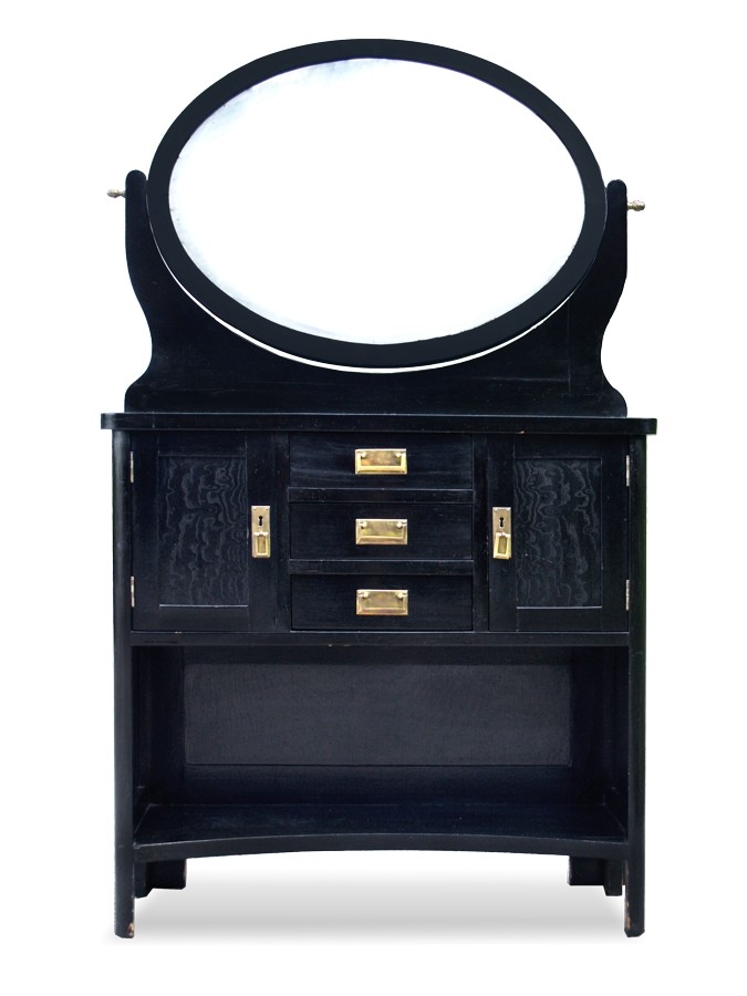 Bilder (c) zeigen: Antiker Jugendstil Schminktisch schwarz im Design-Stil von Adolf Loos Wiener Secession Antike Spiegelkommode Jugendstil Antiquität schwarz