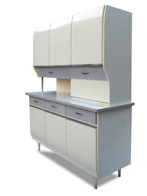 Midcentury 60er-Jahre Küchenschrank Schütten Pastell Retro Design Vintage Küche grau creme