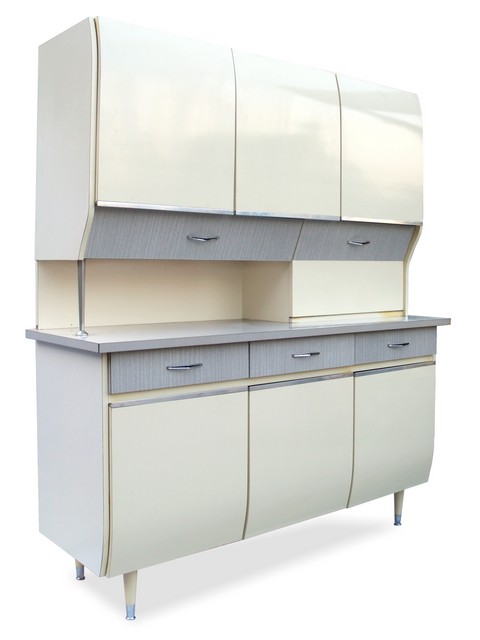 Midcentury 60er-Jahre Küchenschrank Schütten Pastell Retro Design Vintage Küche grau creme