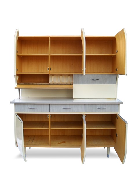 Midcentury 60er-Jahre Küchenschrank Schütten Pastell Retro Design Vintage Küche grau creme