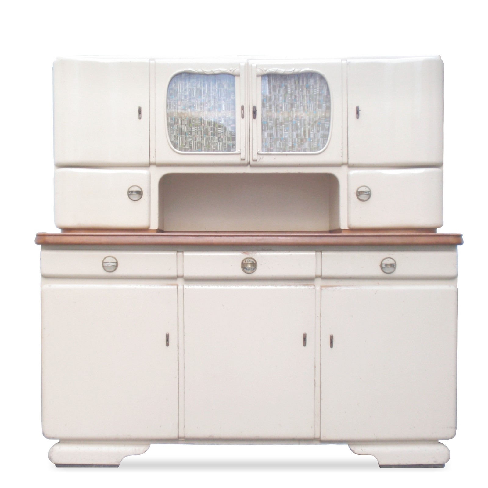 Shabby Chic Küchenschrank antik. ArtDeco Kredenz, Schrank Vollholz um 1929-1959, weiß-creme gefasst in authentischer Erhaltung mit üblichen Gebrauchs- u. Altersspuren, gesamt jedoch sehr schöner Zustand! Küchenschrank creme antik Vintage 40er- 50er-jahre Küchenmöbel Midcentury pastell artdeco