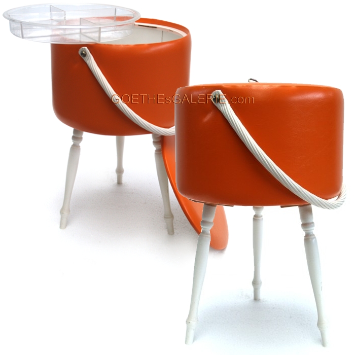 Retro 60er-Jahre Korb Nähkiste Aufbewahrungsbox tangerine Vintage Design orange Tripod Tisch
