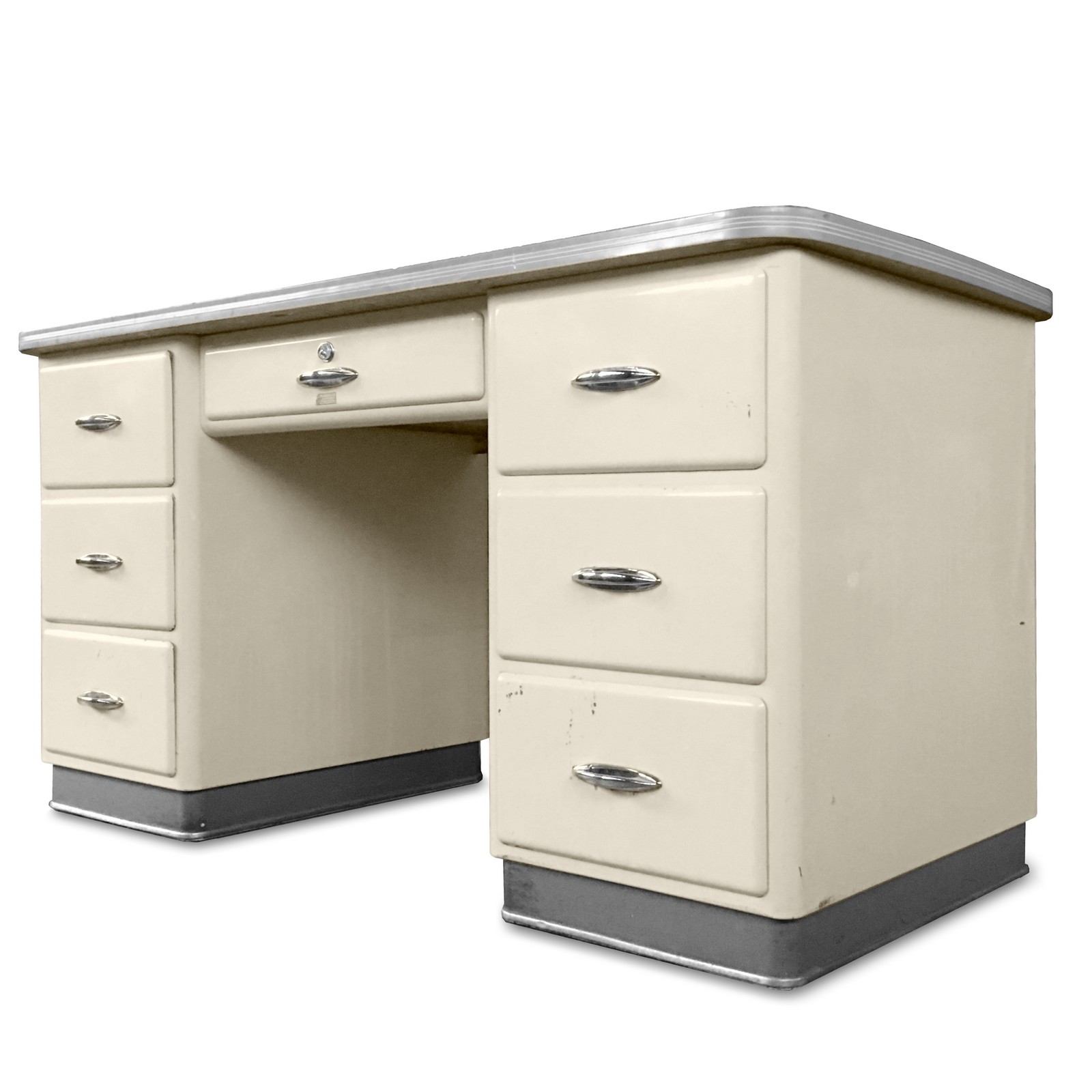 Arztschreibtisch Metall Schreibtisch creme weiß Vintage Retro antik Arztschreibtisch Vintage Metall Möbel Creme