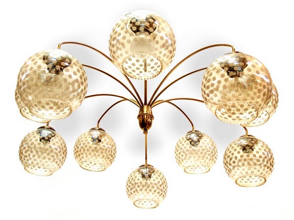 Spider Mobile Kronleuchter Vintage Luster Retro Design Original Messing golden Glaskugeln Sputnik Orbit