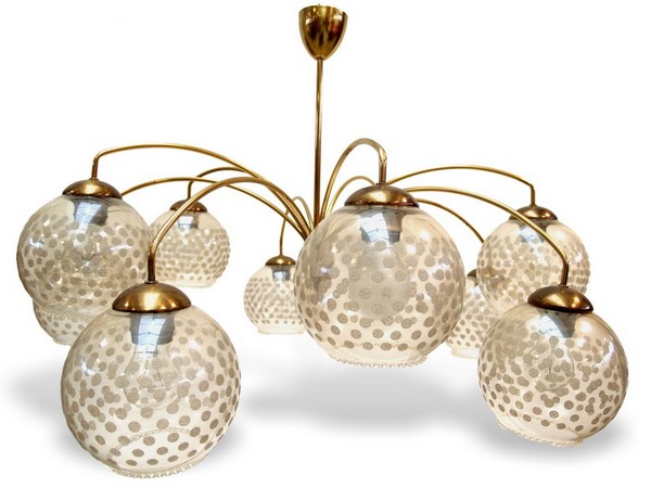 Spider Mobile Kronleuchter Vintage Luster Retro Design Original Messing golden Glaskugeln Sputnik Orbit