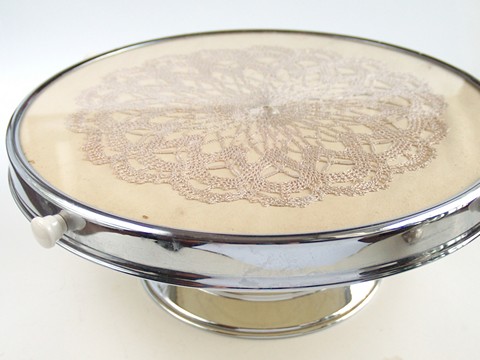 Tortenplatte Keramik Vintage antik creme silber Drehteller