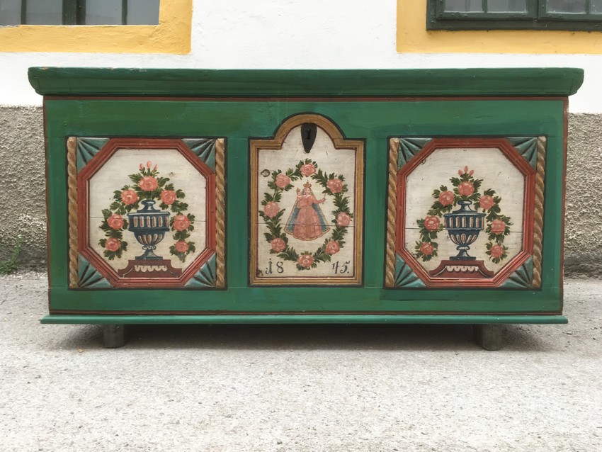 Truhe antik Vollholz Laden Antiquität kaufen Shop Sakrale Bemalung Möbel antik