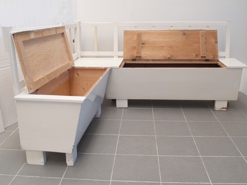 Truhenbank antik Shabby Chic weiß creme Altholz Küche Möbel Ecksitzbank