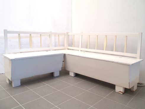 Truhenbank antik Shabby Chic weiß creme Altholz Küche Möbel Ecksitzbank