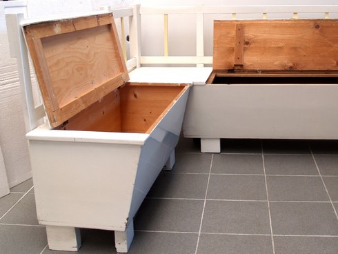 Truhenbank antik Shabby Chic weiß creme Altholz Küche Möbel Ecksitzbank