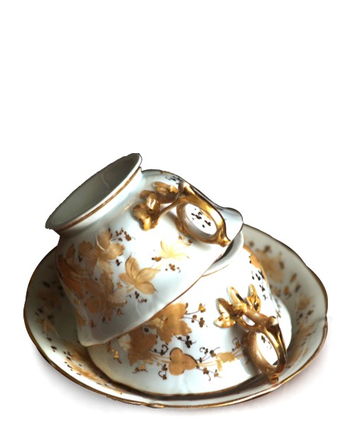 Antikes Biedermeier Porzellan Kaffeetassen Blättergriff gold Blätter Set