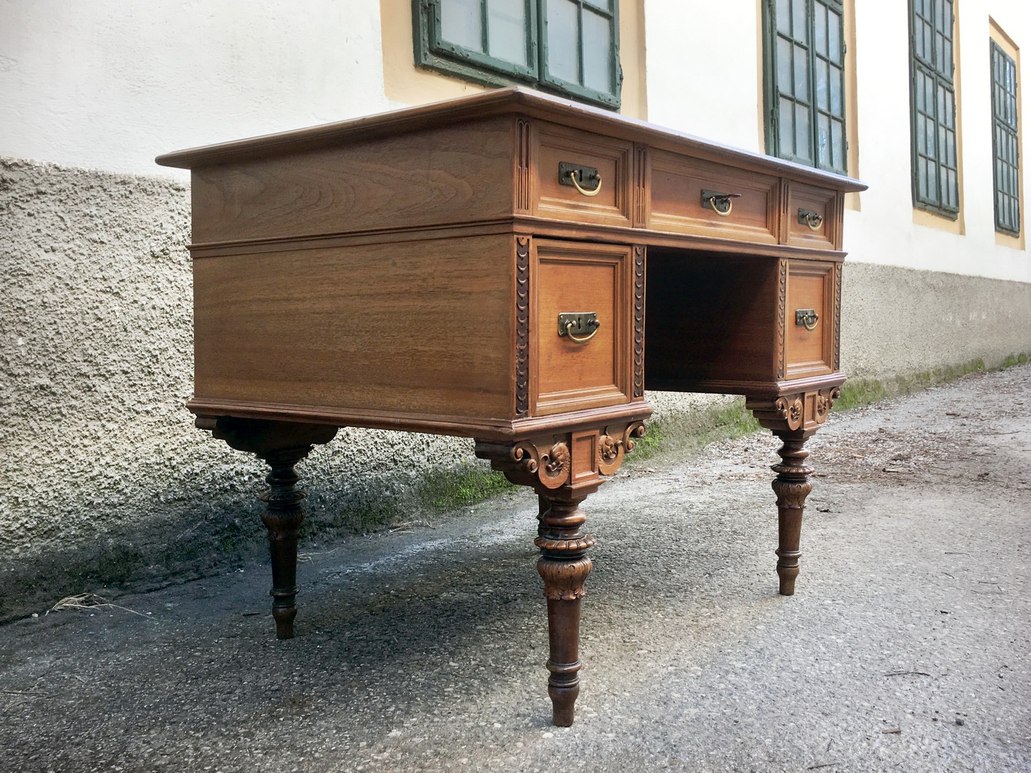Schreibtisch antik Nussfurniert Antiquität Altdeutsch Gründerzeit Vollholz