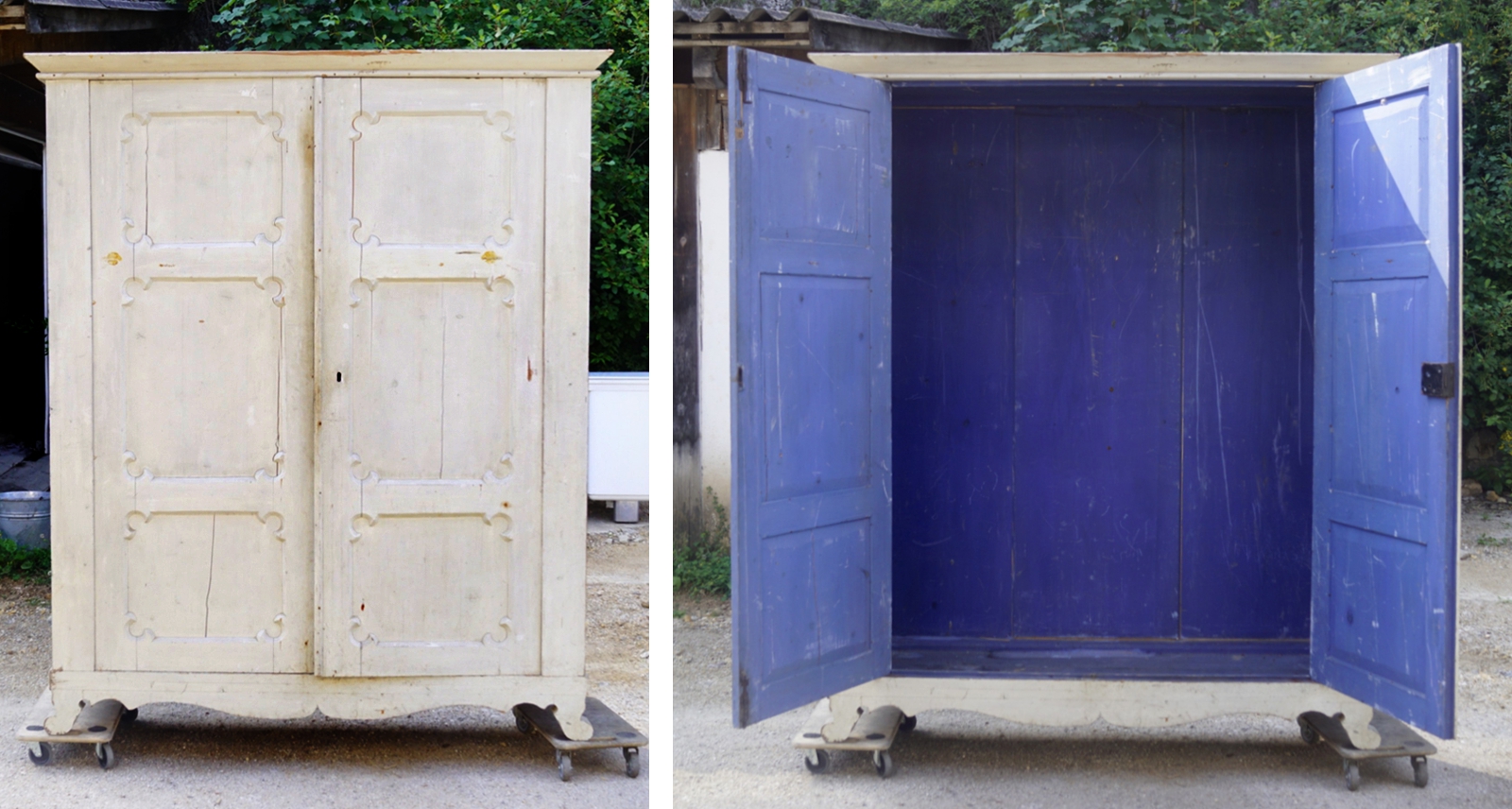 antiker Bauernschrank restauriert Barock Sakristeischrank Massivholz creme Bauernmöbel (vorher)